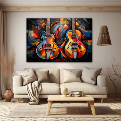 Cuadro Dueto de armonías vibrantes en formato horizontal con colores Azul, Naranja, Vivos; Decorando Pared beige