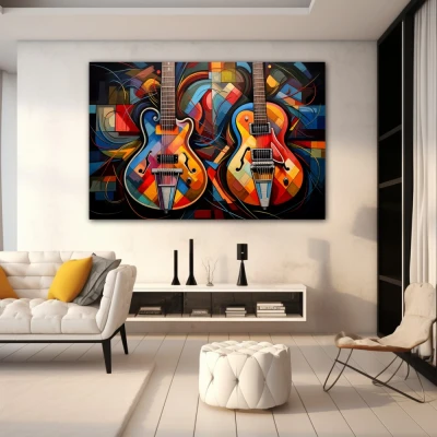 Wall Art titled: Duet of Vibrant Harmonies in a  format with: Blue, Orange, and Vivid Colors; Decoration the White Wall wall