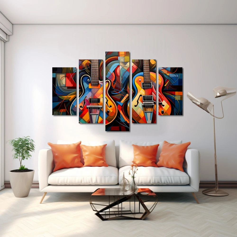 Cuadro dueto de armonías vibrantes en formato políptico con colores azul, naranja, vivos; decorando pared blanca