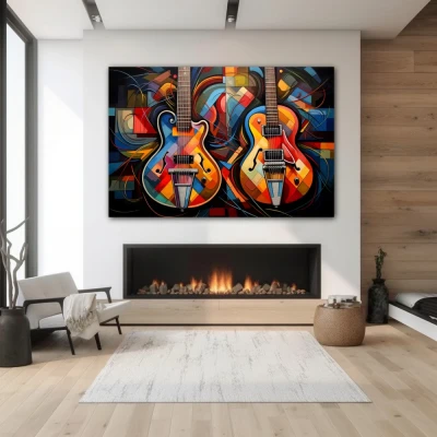 Wall Art titled: Duet of Vibrant Harmonies in a  format with: Blue, Orange, and Vivid Colors; Decoration the Fireplace wall
