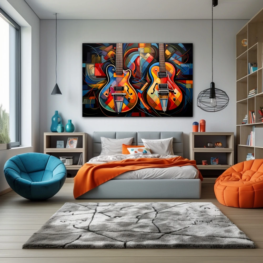Cuadro dueto de armonías vibrantes en formato horizontal con colores azul, naranja, vivos; decorando pared de dormitorio juvenil