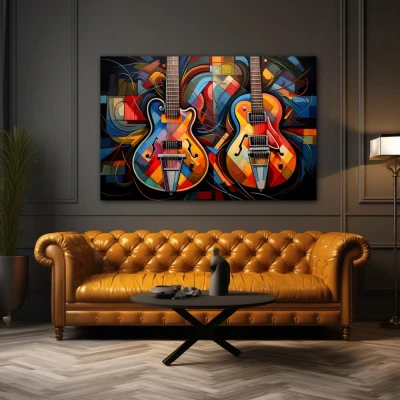 Cuadro Dueto de armonías vibrantes en formato horizontal con colores Azul, Naranja, Vivos; Decorando pared de Encima del Sofá