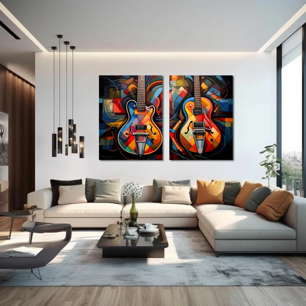 Cuadro dueto de armonías vibrantes en formato díptico con colores azul, naranja, vivos; decorando pared de encima del sofá