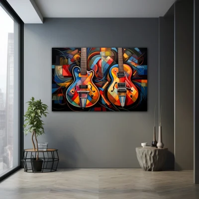 Wall Art titled: Duet of Vibrant Harmonies in a Horizontal format with: Blue, Orange, and Vivid Colors; Decoration the Grey Walls wall
