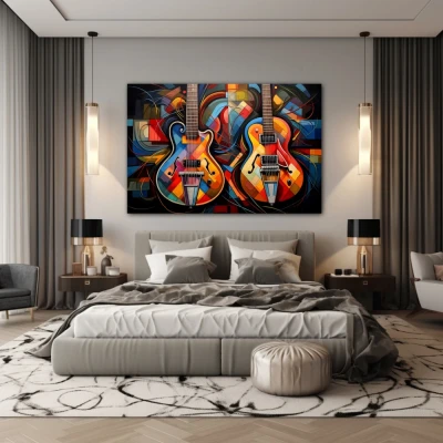 Wall Art titled: Duet of Vibrant Harmonies in a  format with: Blue, Orange, and Vivid Colors; Decoration the Bedroom wall