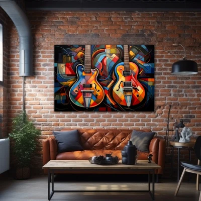 Wall Art titled: Duet of Vibrant Harmonies in a Horizontal format with: Blue, Orange, and Vivid Colors; Decoration the Brick walls wall