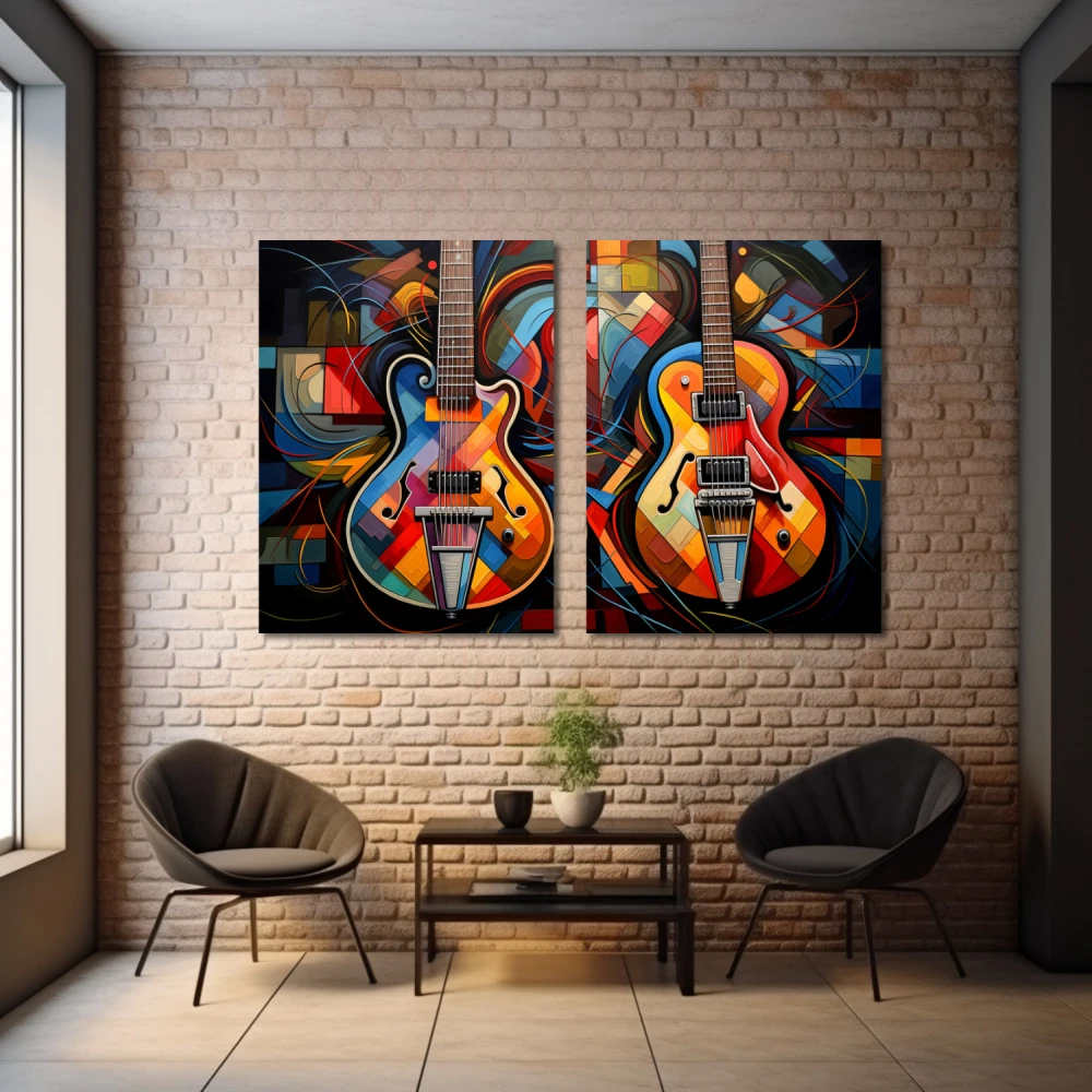 Cuadro dueto de armonías vibrantes en formato díptico con colores azul, naranja, vivos; decorando pared ladrillos