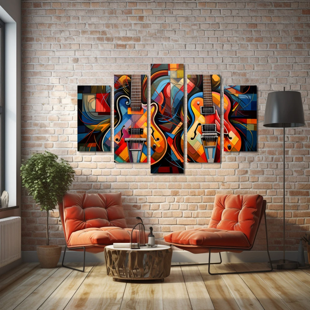 Cuadro dueto de armonías vibrantes en formato políptico con colores azul, naranja, vivos; decorando pared ladrillos