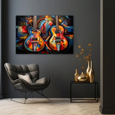 Wall Art titled: Duet of Vibrant Harmonies in a Horizontal format with: Blue, Orange, and Vivid Colors; Decoration the Black Walls wall
