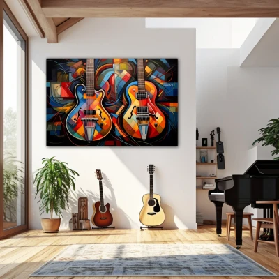 Wall Art titled: Duet of Vibrant Harmonies in a Horizontal format with: Blue, Orange, and Vivid Colors; Decoration the Living Room wall