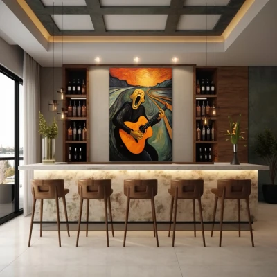 Wall Art titled: The Musical Scream in a  format with: Grey, Orange, and Black Colors; Decoration the Bar wall