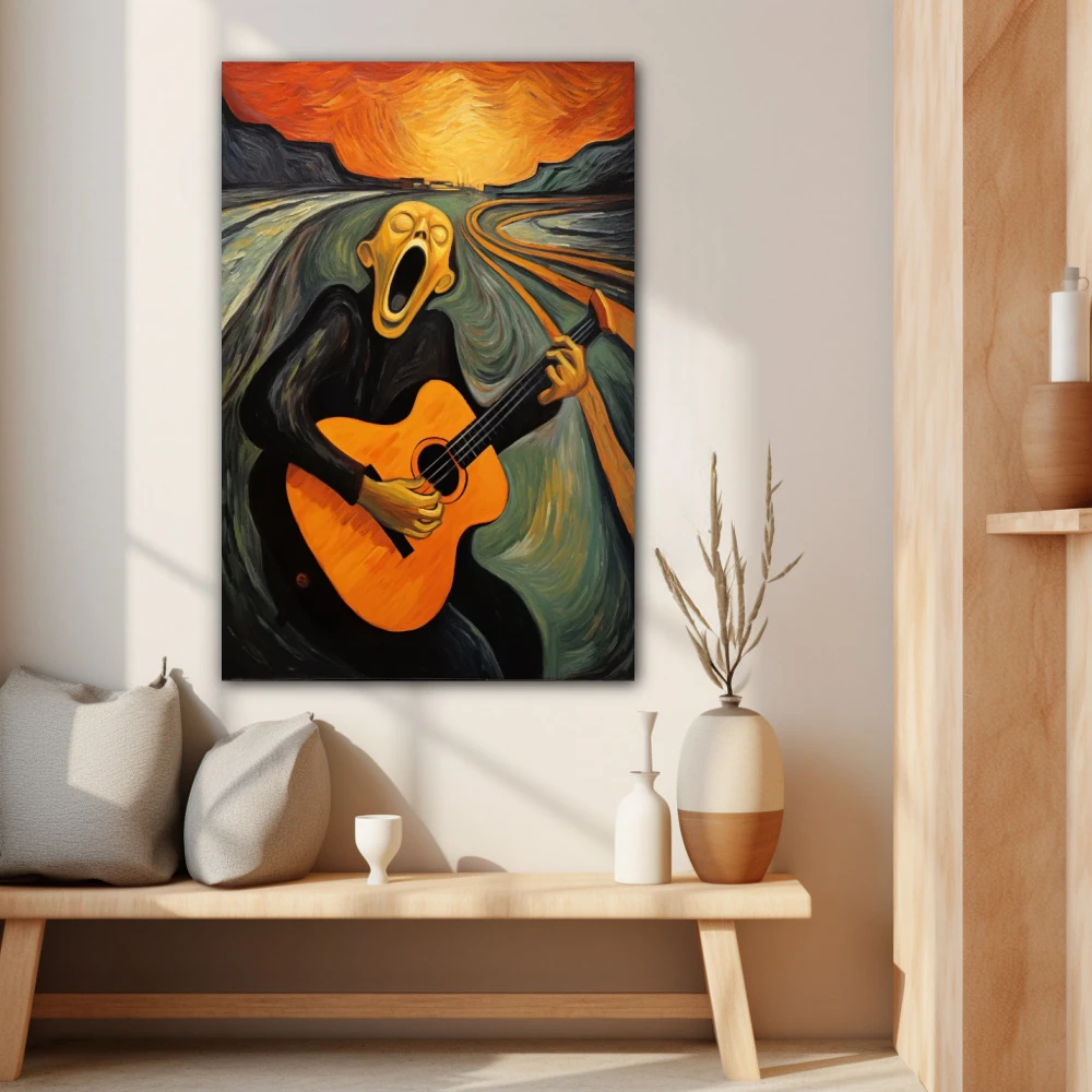 Cuadro el grito musical en formato vertical con colores gris, naranja, negro; decorando pared beige