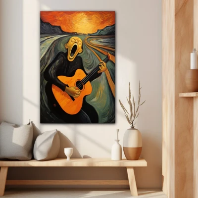 Wall Art titled: The Musical Scream in a  format with: Grey, Orange, and Black Colors; Decoration the Beige Wall wall