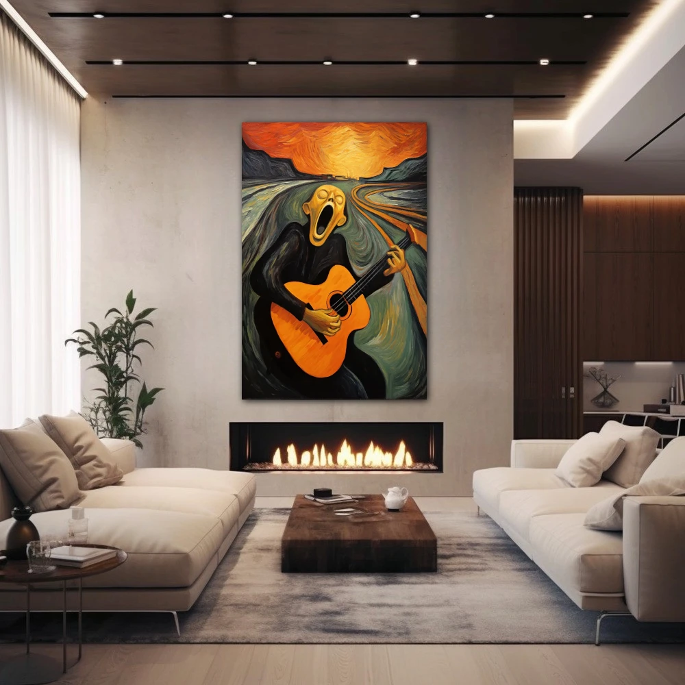 Wall Art titled: The Musical Scream in a Vertical format with: Grey, Orange, and Black Colors; Decoration the Fireplace wall