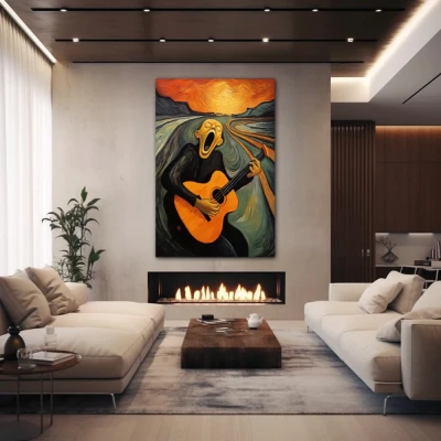 Wall Art titled: The Musical Scream in a  format with: Grey, Orange, and Black Colors; Decoration the Fireplace wall
