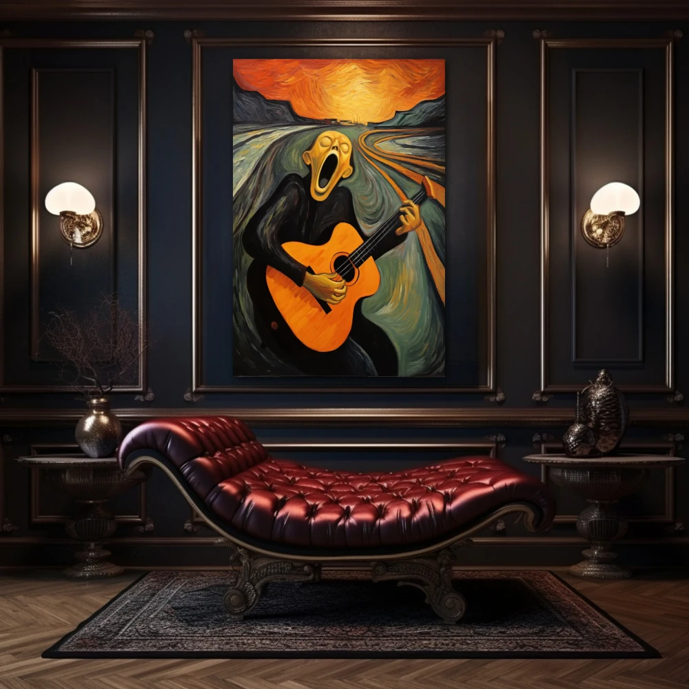 Cuadro el grito musical en formato vertical con colores gris, naranja, negro; decorando pared de encima del sofá