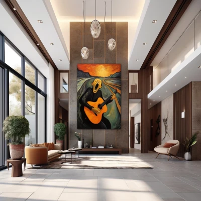 Wall Art titled: The Musical Scream in a  format with: Grey, Orange, and Black Colors; Decoration the Entryway wall
