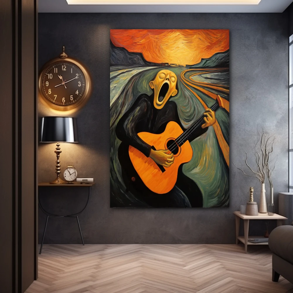 Cuadro el grito musical en formato vertical con colores gris, naranja, negro; decorando pared gris