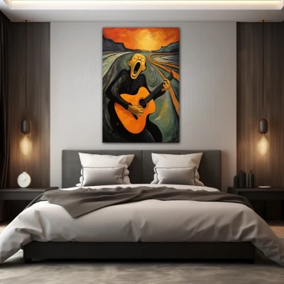 Wall Art titled: The Musical Scream in a  format with: Grey, Orange, and Black Colors; Decoration the Bedroom wall