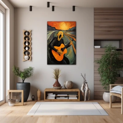 Wall Art titled: The Musical Scream in a  format with: Grey, Orange, and Black Colors; Decoration the Hallway wall