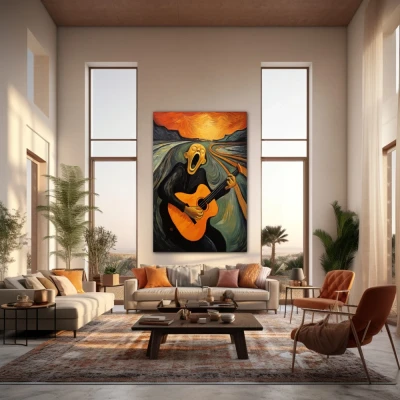 Wall Art titled: The Musical Scream in a  format with: Grey, Orange, and Black Colors; Decoration the Living Room wall