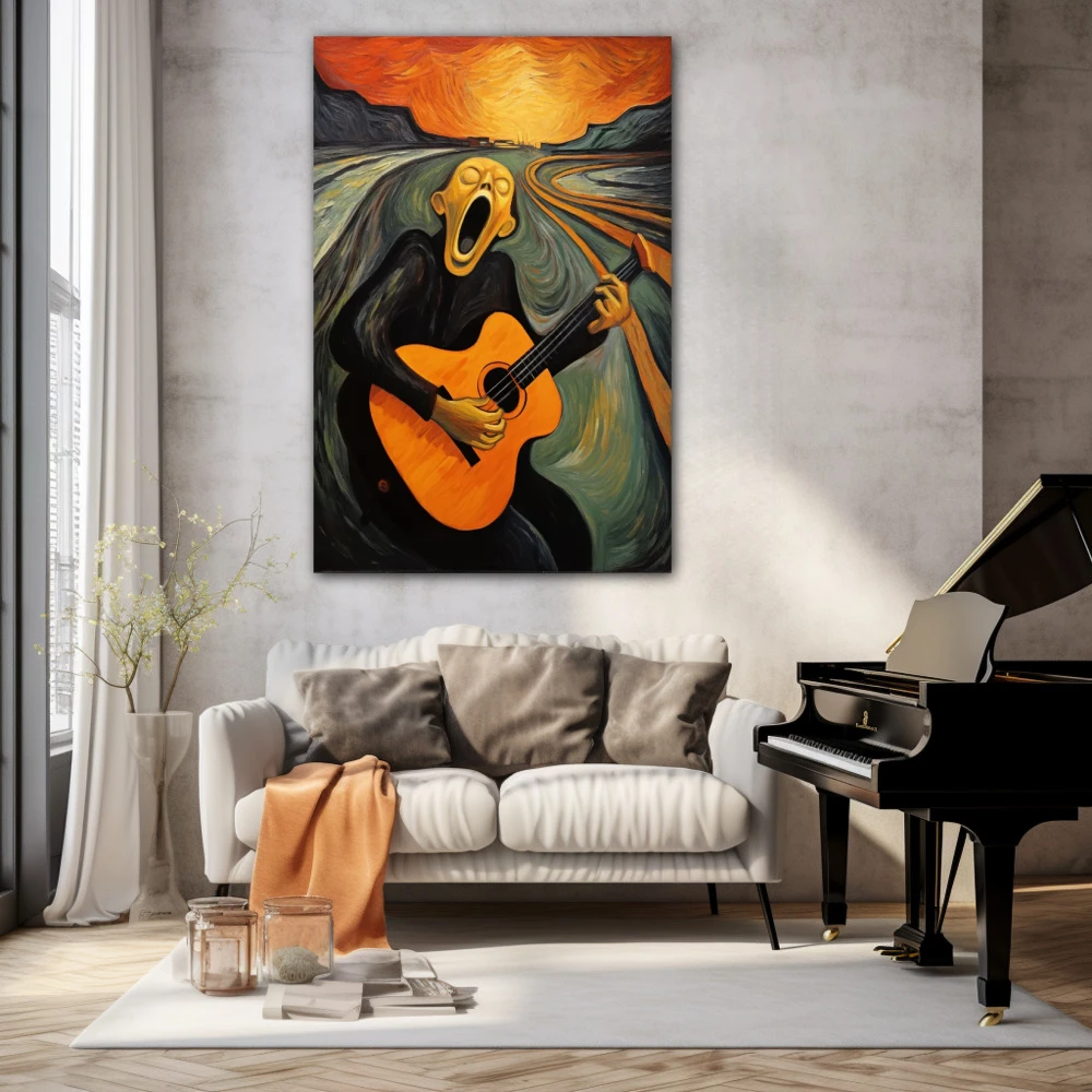 Wall Art titled: The Musical Scream in a Vertical format with: Grey, Orange, and Black Colors; Decoration the Living Room wall