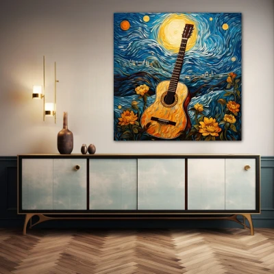 Wall Art titled: The Starry Guitar in a Square format with: Yellow, Blue, and Orange Colors; Decoration the Sideboard wall