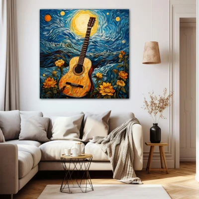 Wall Art titled: The Starry Guitar in a Square format with: Yellow, Blue, and Orange Colors; Decoration the Beige Wall wall