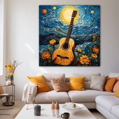 Wall Art titled: The Starry Guitar in a Square format with: Yellow, Blue, and Orange Colors; Decoration the White Wall wall