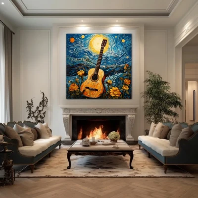 Wall Art titled: The Starry Guitar in a  format with: Yellow, Blue, and Orange Colors; Decoration the Fireplace wall