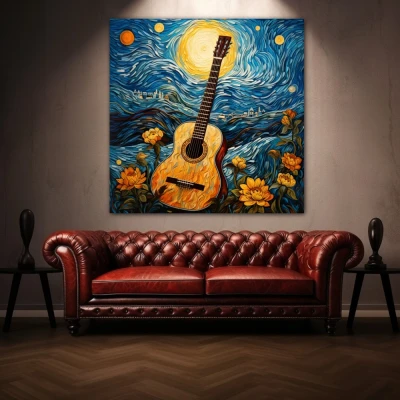 Wall Art titled: The Starry Guitar in a Square format with: Yellow, Blue, and Orange Colors; Decoration the Above Couch wall