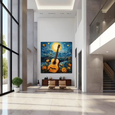 Wall Art titled: The Starry Guitar in a Square format with: Yellow, Blue, and Orange Colors; Decoration the Entryway wall