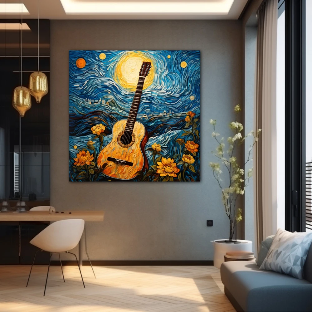 Cuadro la guitarra estrellada en formato cuadrado con colores amarillo, azul, naranja; decorando pared gris