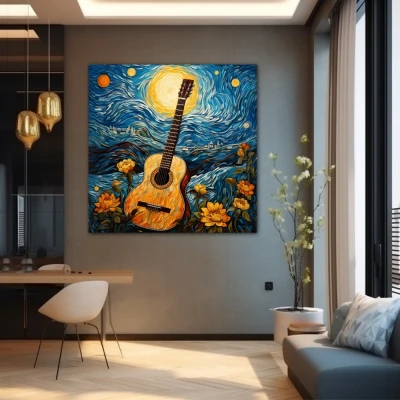 Wall Art titled: The Starry Guitar in a  format with: Yellow, Blue, and Orange Colors; Decoration the Grey Walls wall