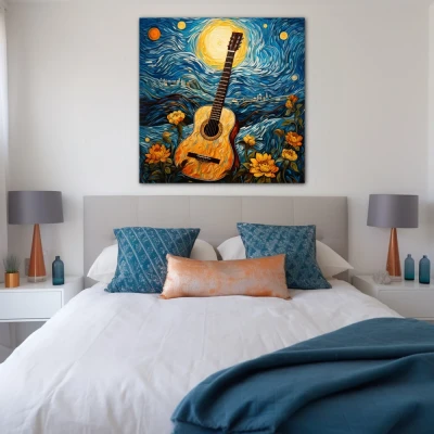Wall Art titled: The Starry Guitar in a Square format with: Yellow, Blue, and Orange Colors; Decoration the Bedroom wall