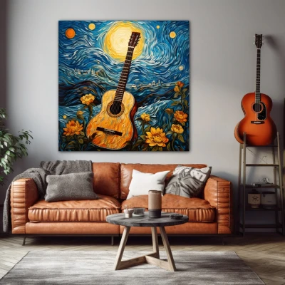 Wall Art titled: The Starry Guitar in a Square format with: Yellow, Blue, and Orange Colors; Decoration the Living Room wall