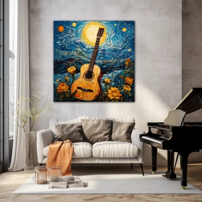 Cuadro La guitarra estrellada en formato cuadrado con colores Amarillo, Azul, Naranja; Decorando pared de Salón comedor
