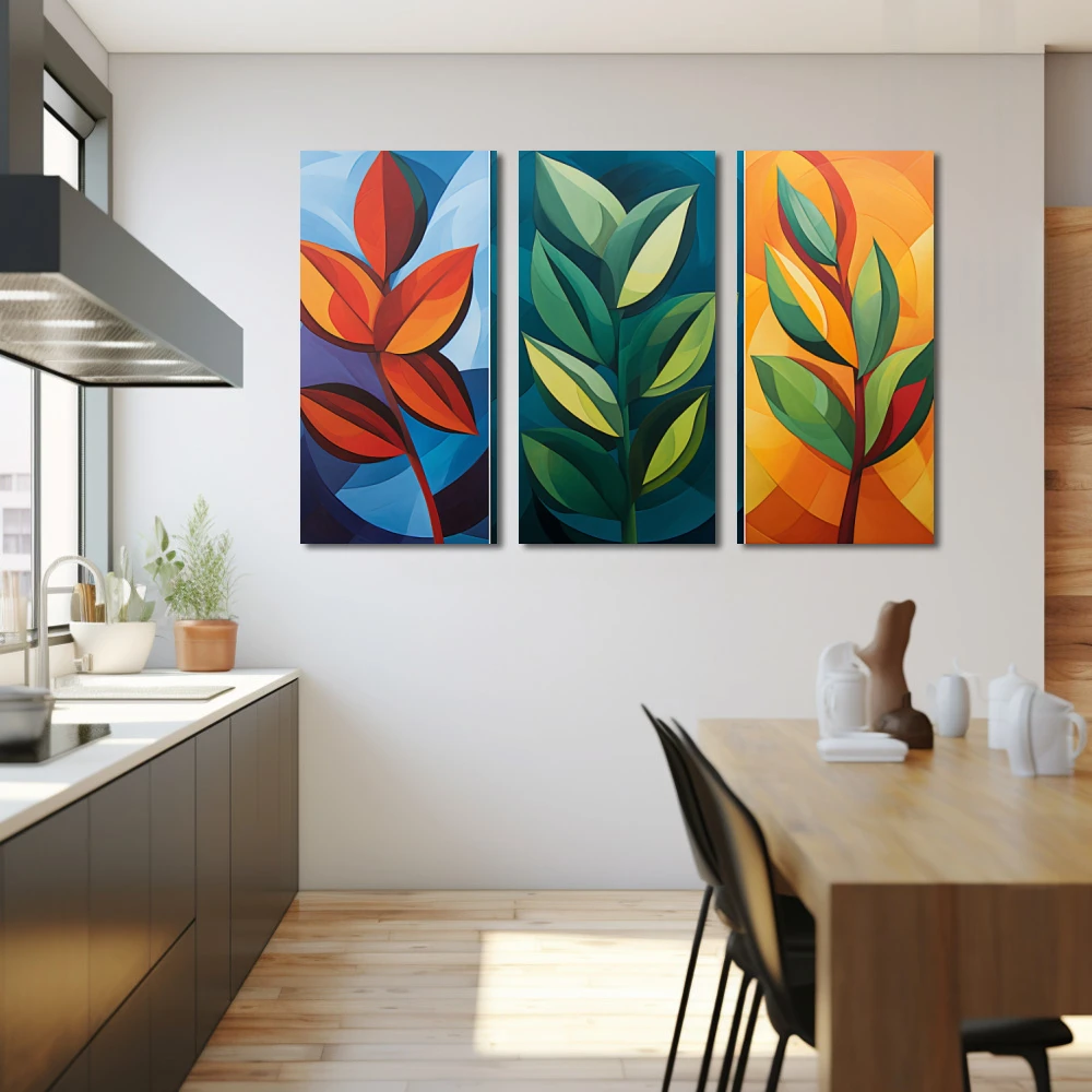 Cuadro estaciones en geometría en formato tríptico con colores azul, naranja, verde, vivos; decorando pared de cocina