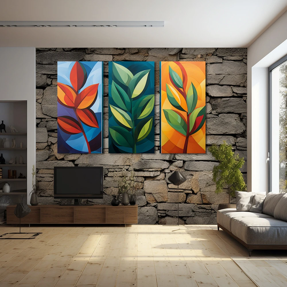 Wall Art titled: Seasons in Geometry in a Horizontal format with: Blue, Orange, Green, and Vivid Colors; Decoration the Stone Walls wall