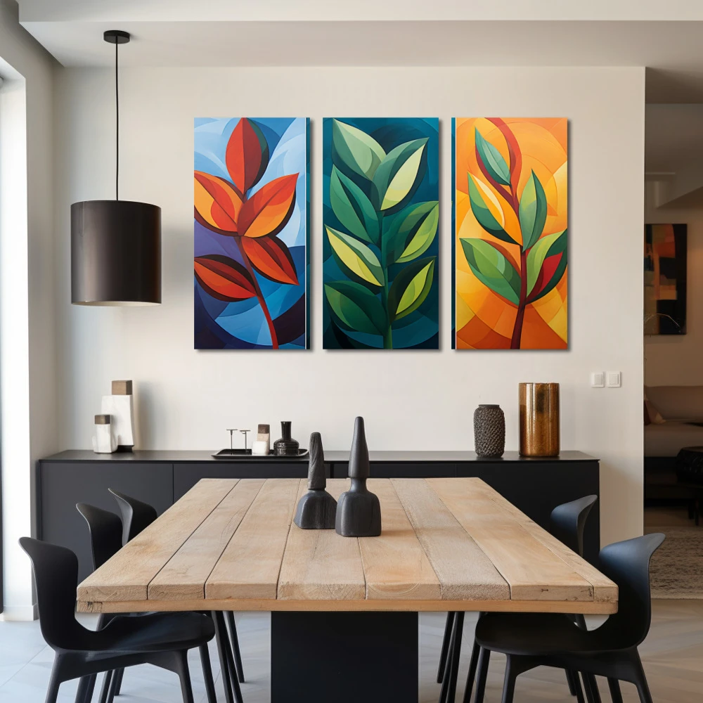 Cuadro estaciones en geometría en formato tríptico con colores azul, naranja, verde, vivos; decorando pared de salón comedor