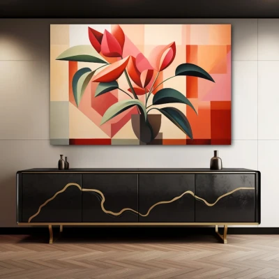 Wall Art titled: Botanical Garden Cubed in a Horizontal format with: Red, Green, and Pastel Colors; Decoration the Sideboard wall