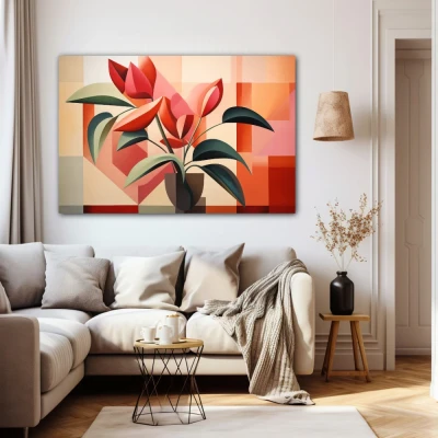 Wall Art titled: Botanical Garden Cubed in a  format with: Red, Green, and Pastel Colors; Decoration the Beige Wall wall