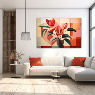 Wall Art titled: Botanical Garden Cubed in a Horizontal format with: Red, Green, and Pastel Colors; Decoration the White Wall wall