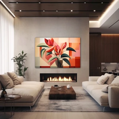 Wall Art titled: Botanical Garden Cubed in a Horizontal format with: Red, Green, and Pastel Colors; Decoration the Fireplace wall
