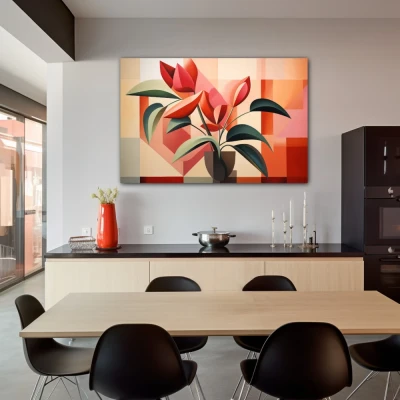 Wall Art titled: Botanical Garden Cubed in a  format with: Red, Green, and Pastel Colors; Decoration the Kitchen wall