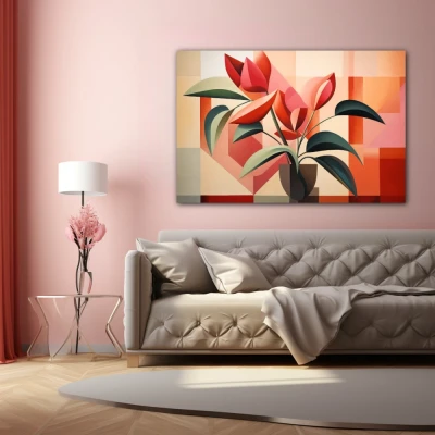 Wall Art titled: Botanical Garden Cubed in a Horizontal format with: Red, Green, and Pastel Colors; Decoration the Above Couch wall