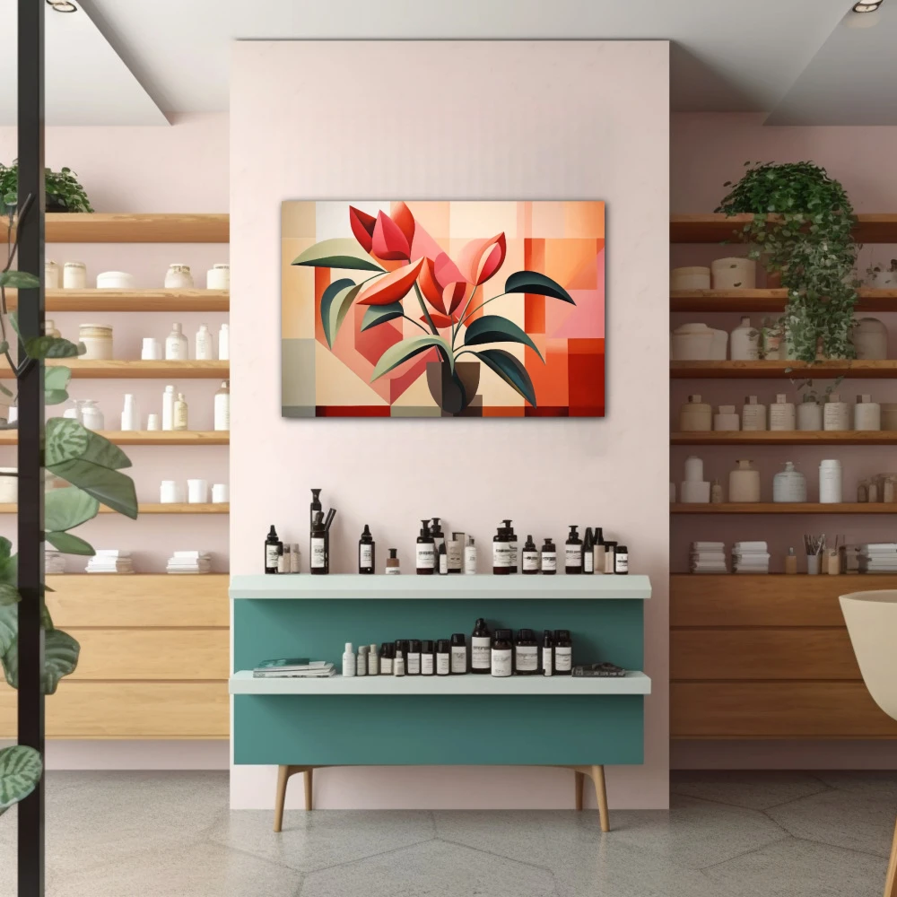 Wall Art titled: Botanical Garden Cubed in a Horizontal format with: Red, Green, and Pastel Colors; Decoration the Pharmacy wall