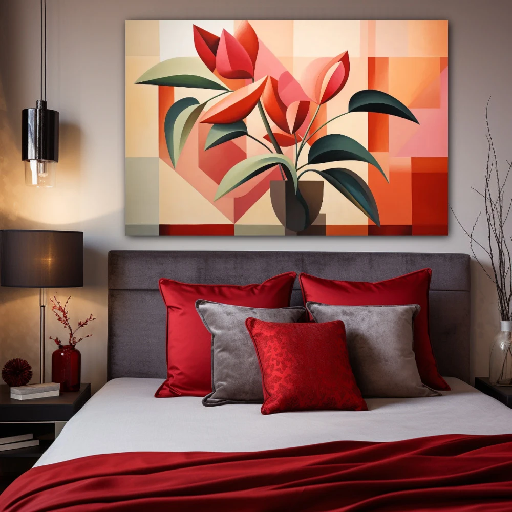 Wall Art titled: Botanical Garden Cubed in a Horizontal format with: Red, Green, and Pastel Colors; Decoration the Bedroom wall