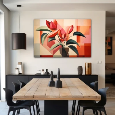 Wall Art titled: Botanical Garden Cubed in a  format with: Red, Green, and Pastel Colors; Decoration the Living Room wall