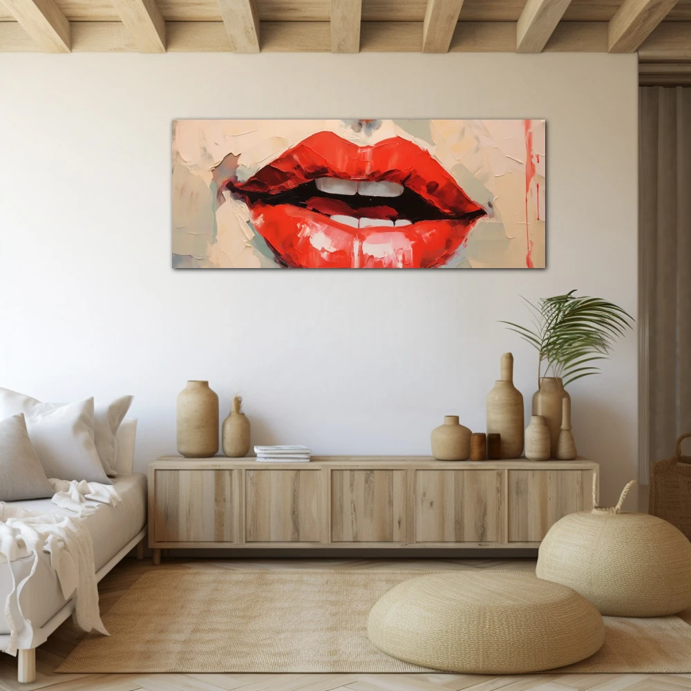 Wall Art titled: Honey Lips in a Elongated format with: Red, and Pastel Colors; Decoration the Beige Wall wall